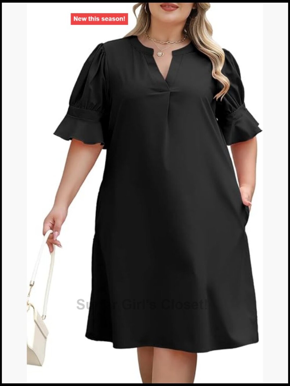 Plus Size Casual Shift Dress with Ruffled Sleeves, Pockets, V-Neck, Loose Fit,
